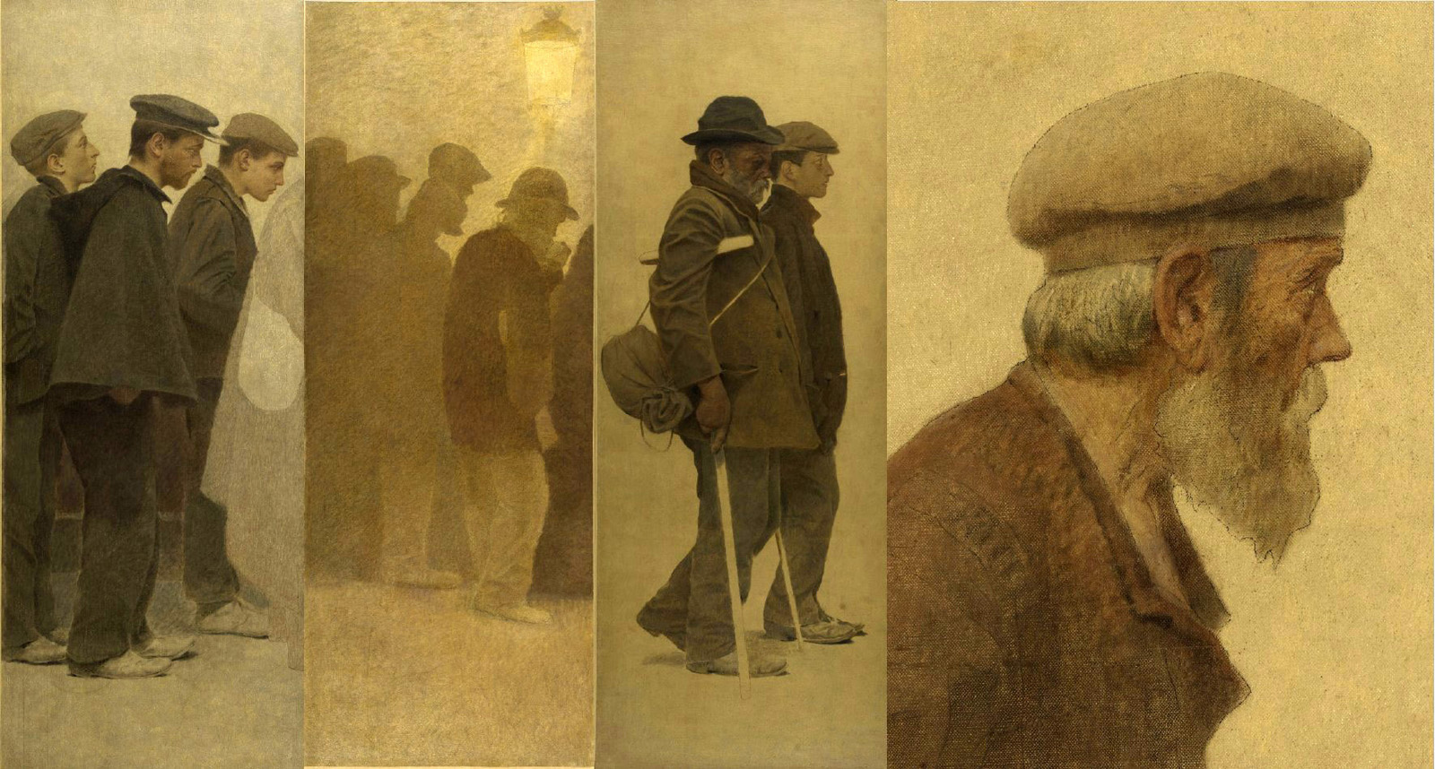 four paintings poor people head for the soup at la bouchee de pain